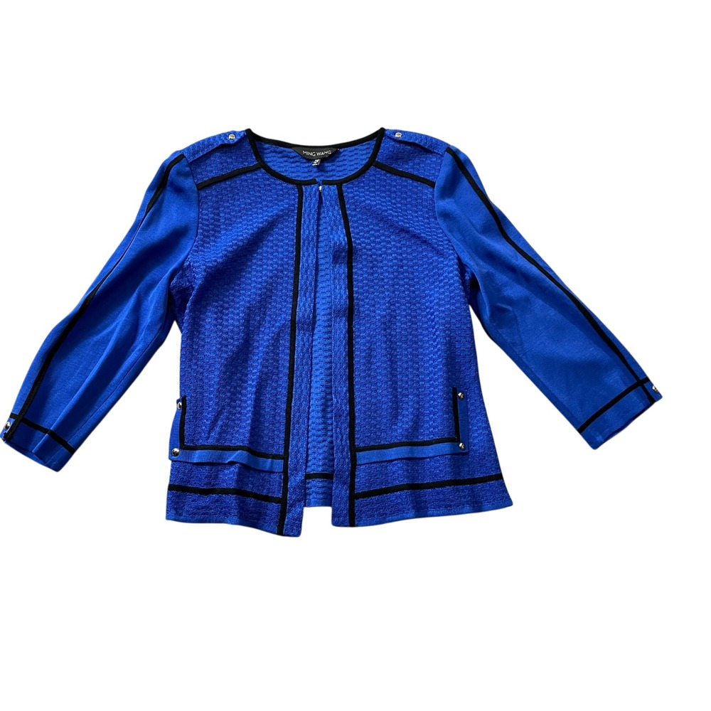 Ming Wang Petite Medium Open Cardigan Jacket Vibrant Blue Black Trim PM